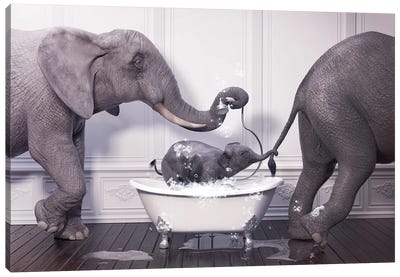 Elephant In The Bath With Baby Canvas Art Print - Jauffrey Philippe