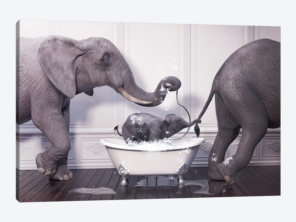 Elephant In The Bath With Baby by Jauffrey Philippe 1-piece Canvas Print