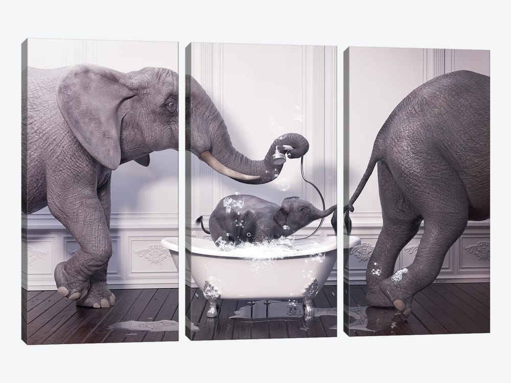 Elephant In The Bath With Baby by Jauffrey Philippe 3-piece Canvas Print