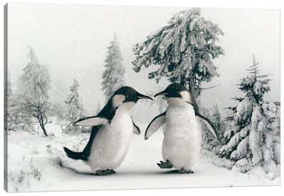 Penguin In The Snow Walking Canvas Art Print - Snowscape Art