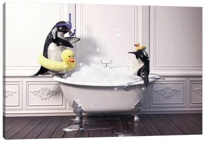 Penguin In The Bathub Canvas Art Print - Penguin Art
