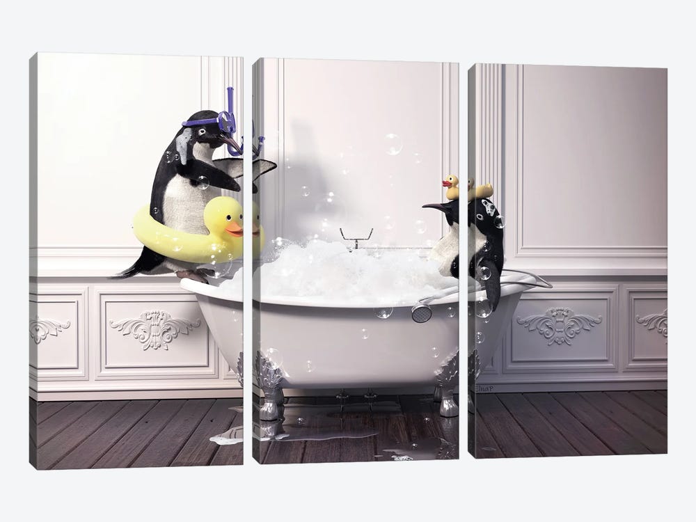 Penguin In The Bathub by Jauffrey Philippe 3-piece Canvas Print