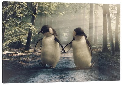 Penguin In The Forest Walking Canvas Art Print - Penguin Art