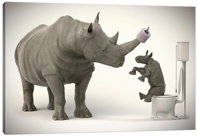 Rhinoceros In The Toilet Canvas Art Print - Rhinoceros Art