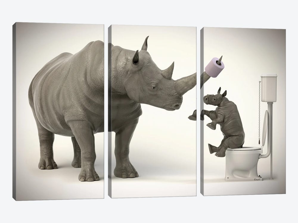 Rhinoceros In The Toilet by Jauffrey Philippe 3-piece Canvas Artwork