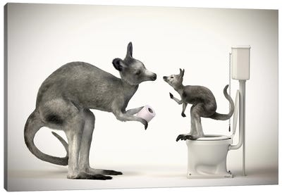 Kangaroo In The Toilet Canvas Art Print - Kangaroo Art