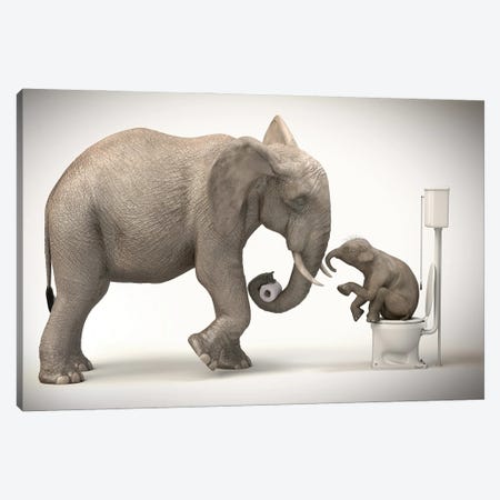 Elephant In The Toilet With Baby Canvas Print #JFY57} by Jauffrey Philippe Canvas Art Print