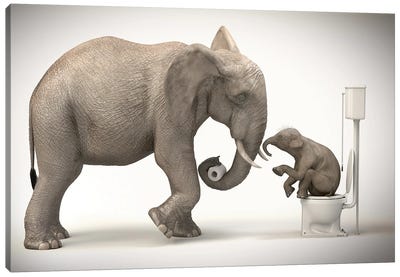 Elephant In The Toilet With Baby Canvas Art Print - Jauffrey Philippe