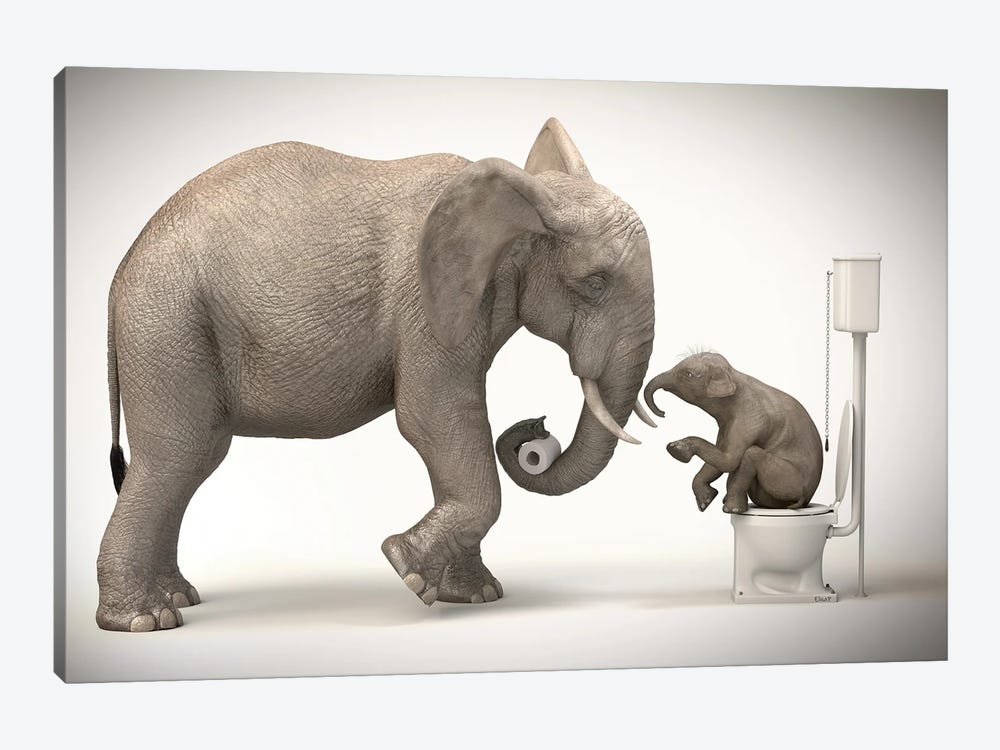 Elephant In The Toilet With Baby by Jauffrey Philippe 1-piece Canvas Wall Art