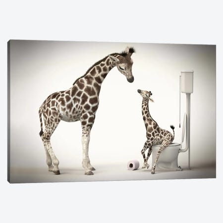 Giraffe In The Toilet With Baby Canvas Print #JFY58} by Jauffrey Philippe Canvas Artwork