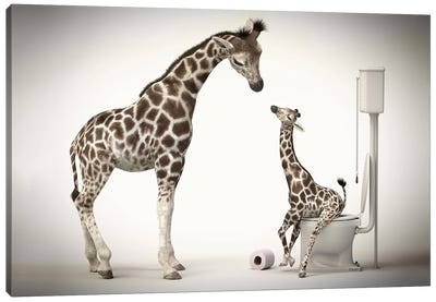 Giraffe In The Toilet With Baby Canvas Art Print - Jauffrey Philippe