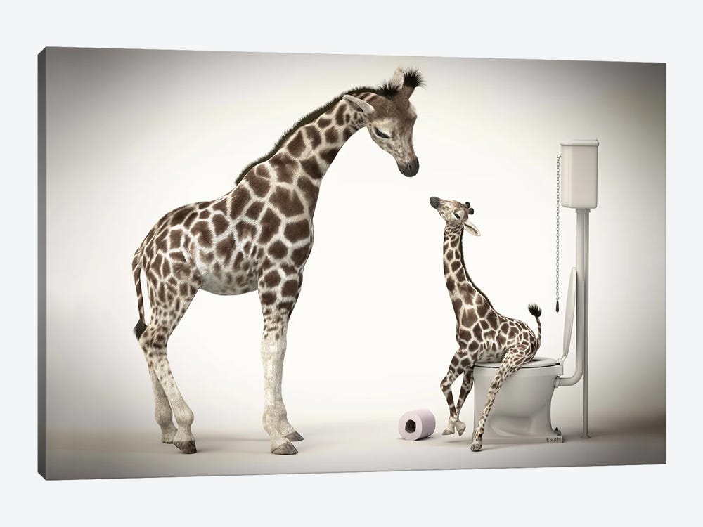 Giraffe In The Toilet With Baby by Jauffrey Philippe 1-piece Canvas Print