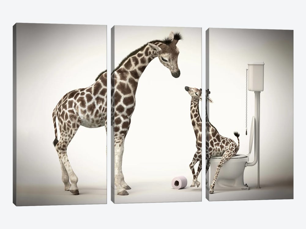 Giraffe In The Toilet With Baby by Jauffrey Philippe 3-piece Art Print