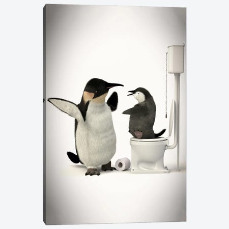 Penguin In The Toilet With Baby Canvas Print #JFY59} by Jauffrey Philippe Canvas Artwork