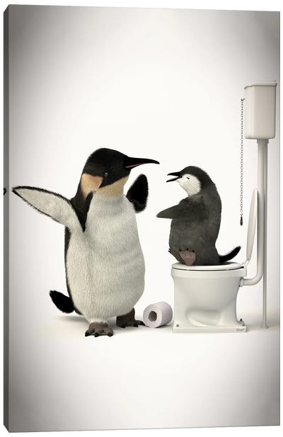 Penguin In The Toilet With Baby Canvas Art Print - Penguin Art