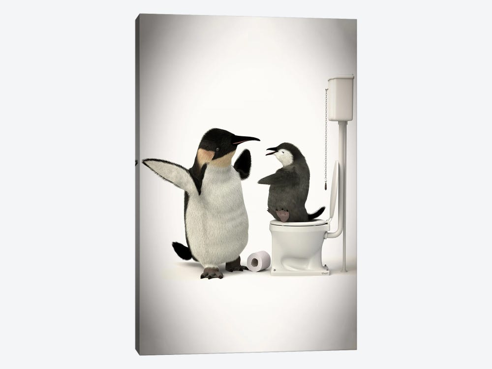 Penguin In The Toilet With Baby by Jauffrey Philippe 1-piece Canvas Art