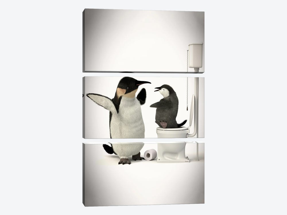 Penguin In The Toilet With Baby by Jauffrey Philippe 3-piece Canvas Wall Art