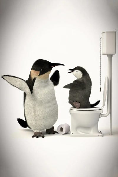 Penguins: Penguin In The Toilet With Baby by Jauffrey Philippe