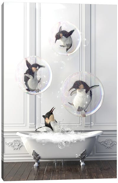 Penguin In The Bathroom In Bubbles Canvas Art Print - Penguin Art