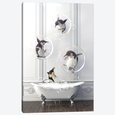 Penguin In The Bathroom In Bubbles Canvas Print #JFY60} by Jauffrey Philippe Canvas Print
