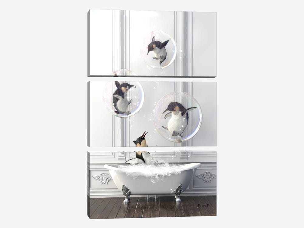 Penguin In The Bathroom In Bubbles by Jauffrey Philippe 3-piece Canvas Artwork