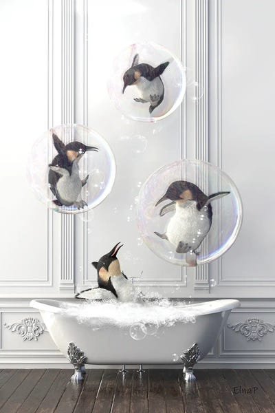 Bathroom Humor: Penguin In The Bathroom In Bubbles by Jauffrey Philippe