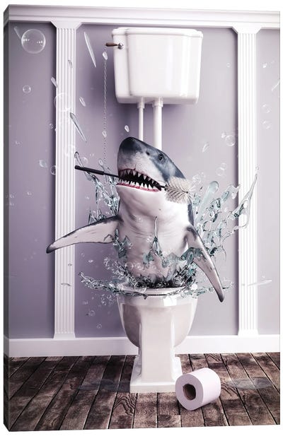 Shark In The Toilet Canvas Art Print - Shark Art