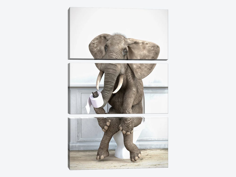 Elephant In The Toilet by Jauffrey Philippe 3-piece Canvas Art