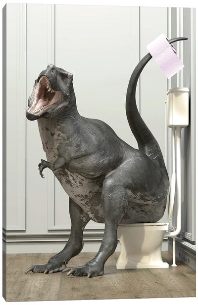 T-Rex In The Toilet Canvas Art Print - Dinosaur Art