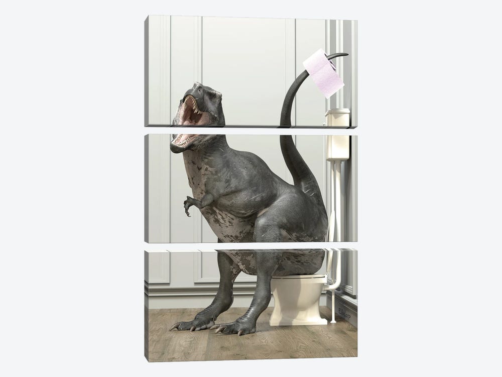 T-Rex In The Toilet by Jauffrey Philippe 3-piece Canvas Art Print