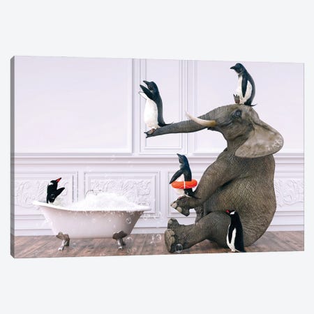 Elephant Playing With Penguins In The Bath Canvas Print #JFY66} by Jauffrey Philippe Canvas Artwork