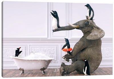 Elephant Playing With Penguins In The Bath Canvas Art Print - Jauffrey Philippe