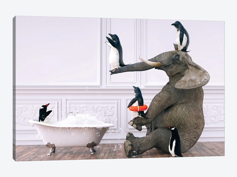 Elephant Playing With Penguins In The Bath by Jauffrey Philippe 1-piece Canvas Art