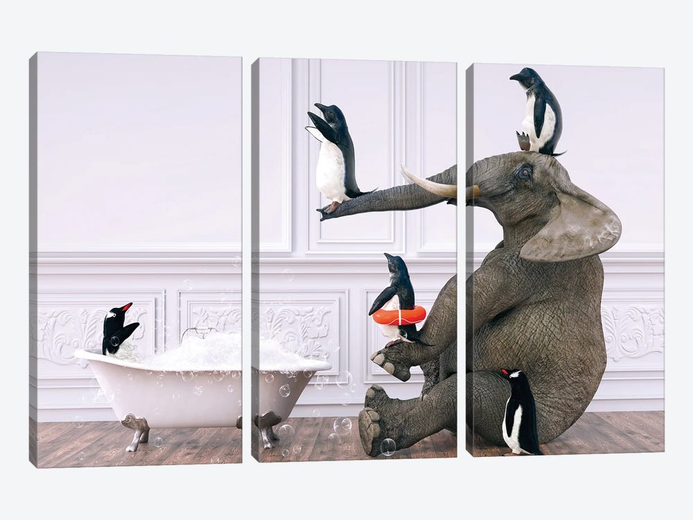 Elephant Playing With Penguins In The Bath by Jauffrey Philippe 3-piece Canvas Art