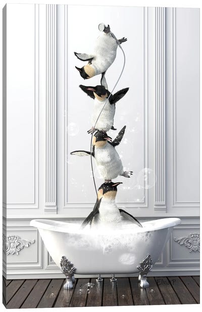 Penguin Acrobat Family In The Bath Canvas Art Print - Penguin Art