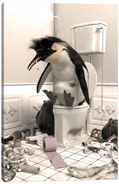 The Penguin Destroyed In The Toilet Canvas Art Print - Penguin Art