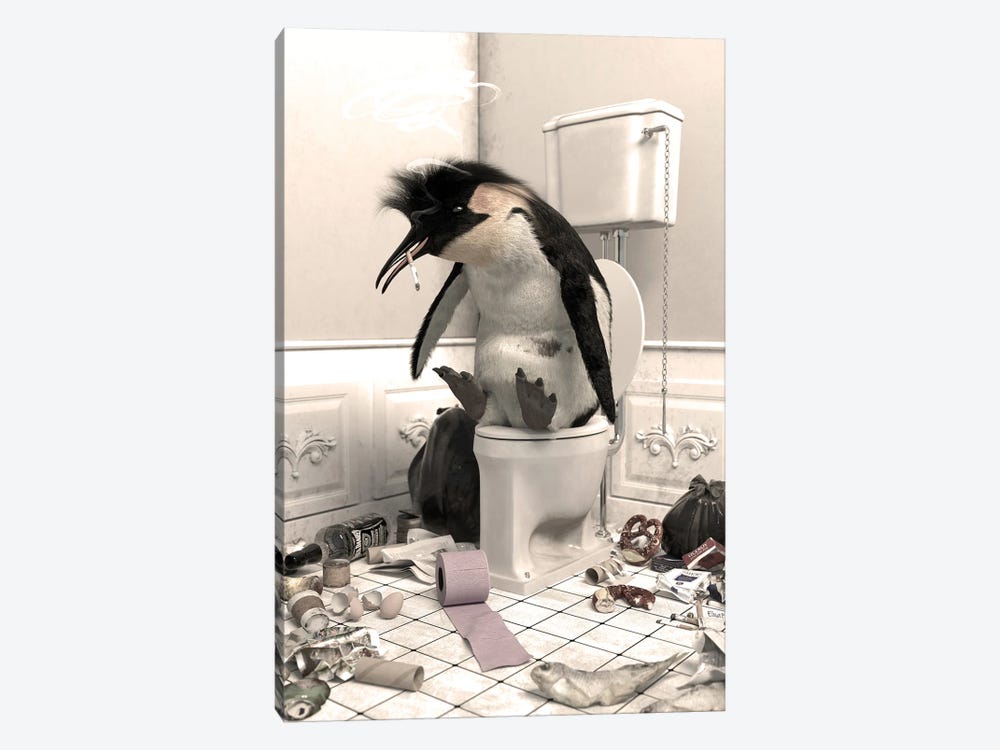 The Penguin Destroyed In The Toilet by Jauffrey Philippe 1-piece Canvas Wall Art