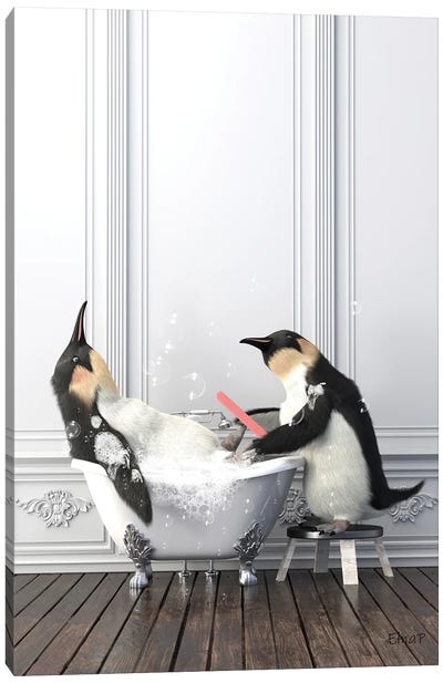 The Penguin Does The Nails In The Bath Canvas Art Print - Penguin Art