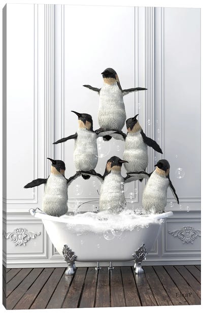 Penguin Gymnasts In The Bath Canvas Art Print - Bathroom Humor Art