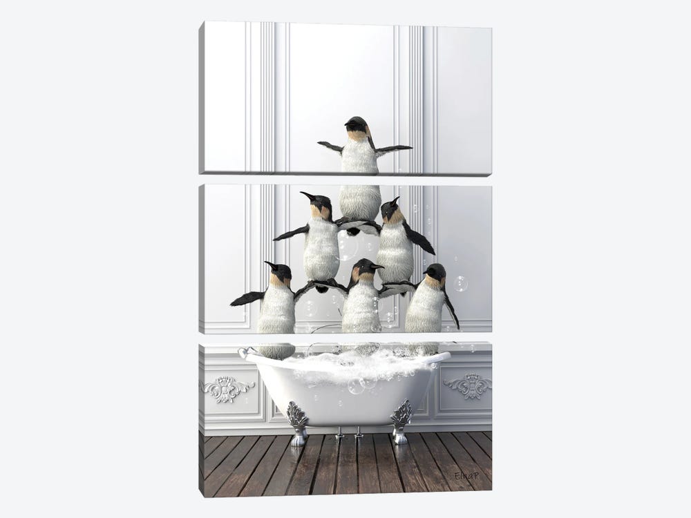 Penguin Gymnasts In The Bath by Jauffrey Philippe 3-piece Canvas Wall Art