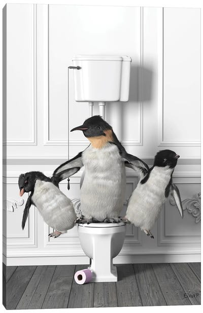 Penguin Gymnasts In The Toilet Canvas Art Print - Jauffrey Philippe