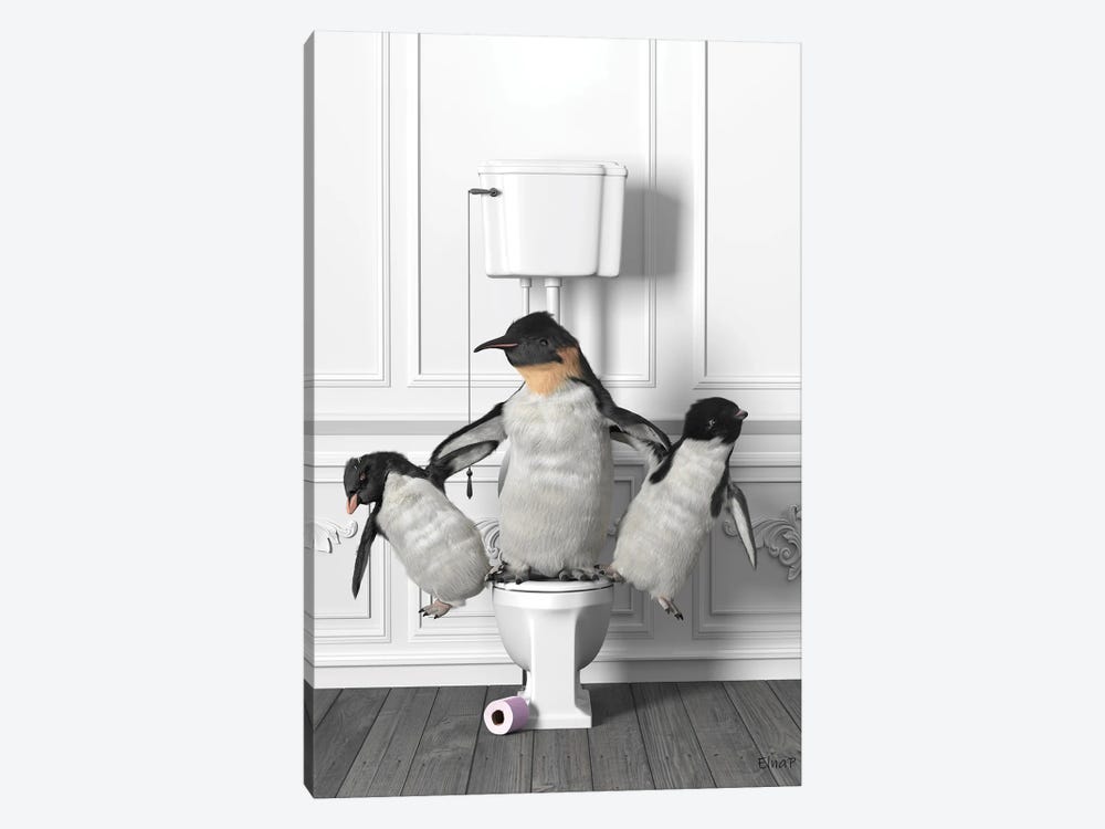 Penguin Gymnasts In The Toilet by Jauffrey Philippe 1-piece Canvas Print