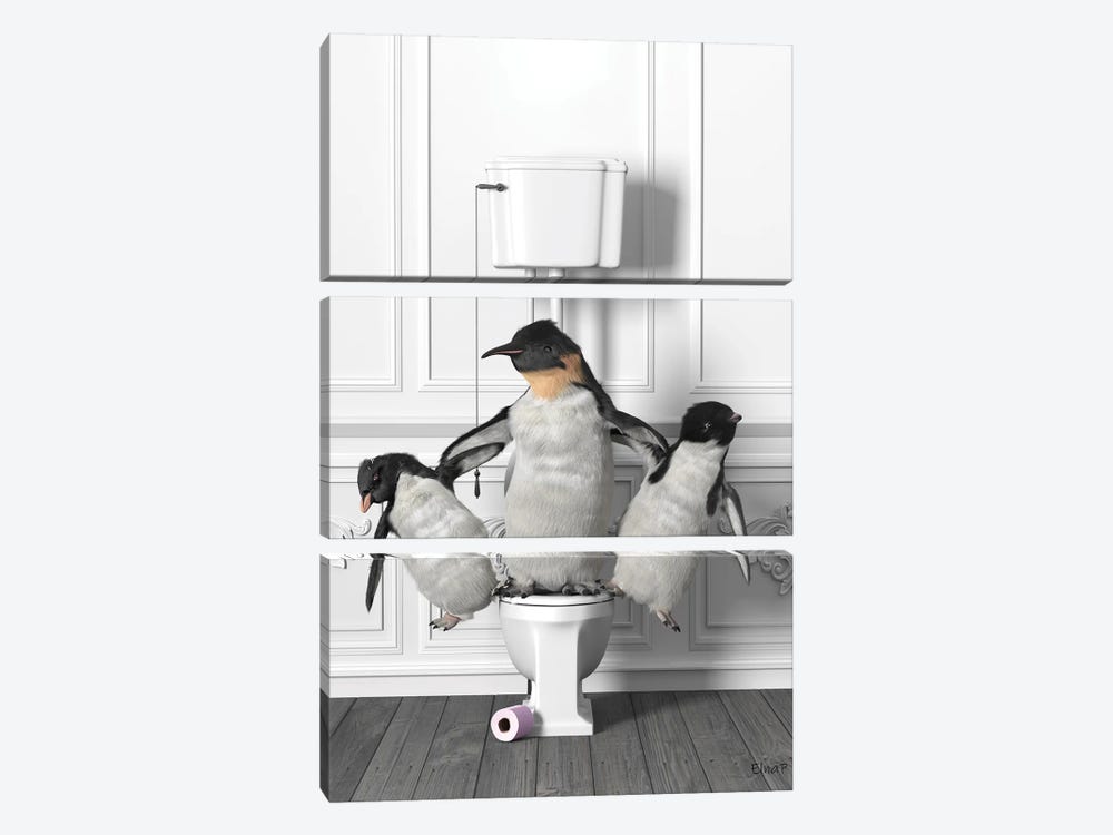 Penguin Gymnasts In The Toilet by Jauffrey Philippe 3-piece Canvas Art Print