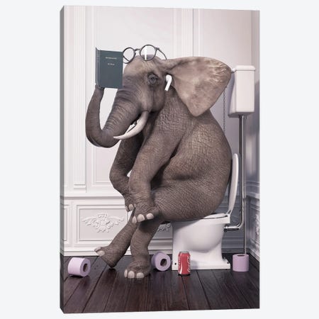 Elephant With Quiet Toilet Reading A Book Canvas Print #JFY76} by Jauffrey Philippe Canvas Print