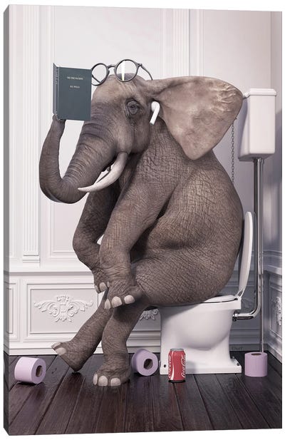 Elephant With Quiet Toilet Reading A Book Canvas Art Print - Jauffrey Philippe