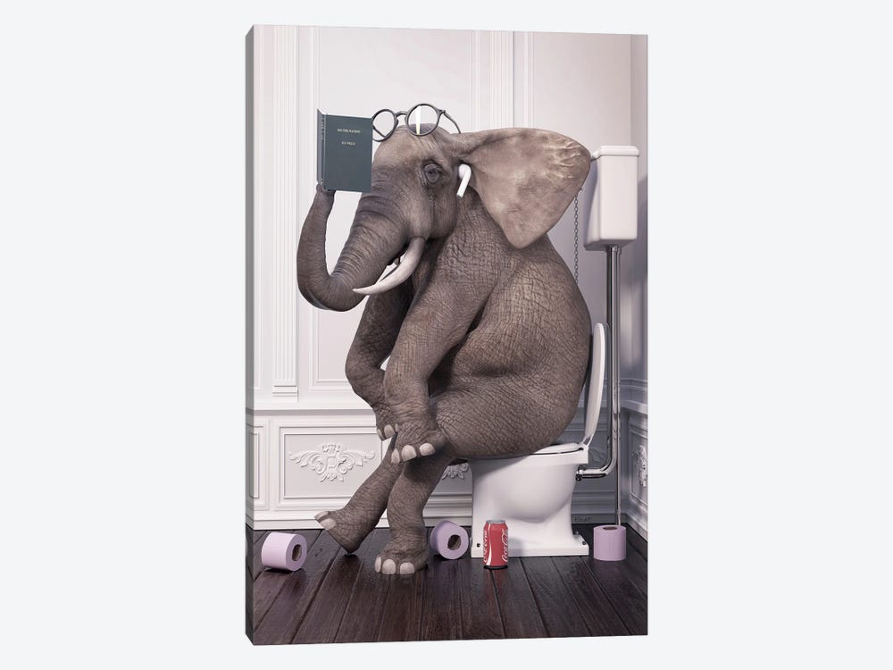 Elephant With Quiet Toilet Reading A Book by Jauffrey Philippe 1-piece Canvas Print