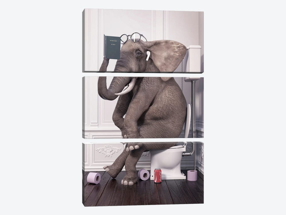 Elephant With Quiet Toilet Reading A Book by Jauffrey Philippe 3-piece Canvas Art Print