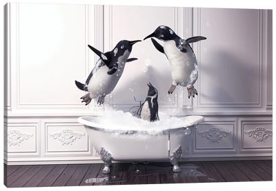 Penguin Playing Together In The Bath Canvas Art Print - Penguin Art