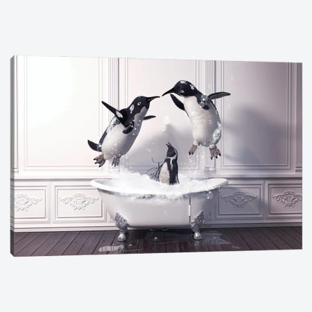 Penguin Playing Together In The Bath Canvas Print #JFY77} by Jauffrey Philippe Canvas Art Print