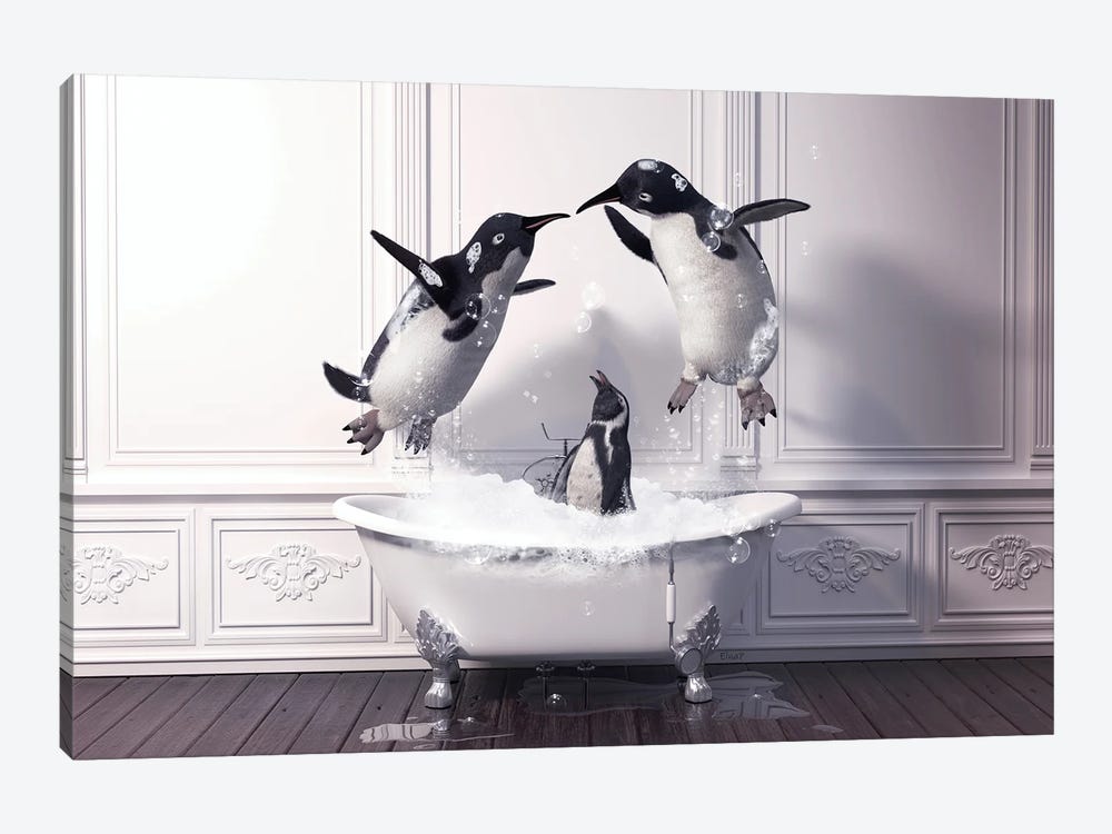 Penguin Playing Together In The Bath by Jauffrey Philippe 1-piece Canvas Art